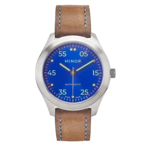 Wristwatch Minor Heritage Electric Blue automatic with hazelnut brown leather strap and waxed blue thread stitching - Front side