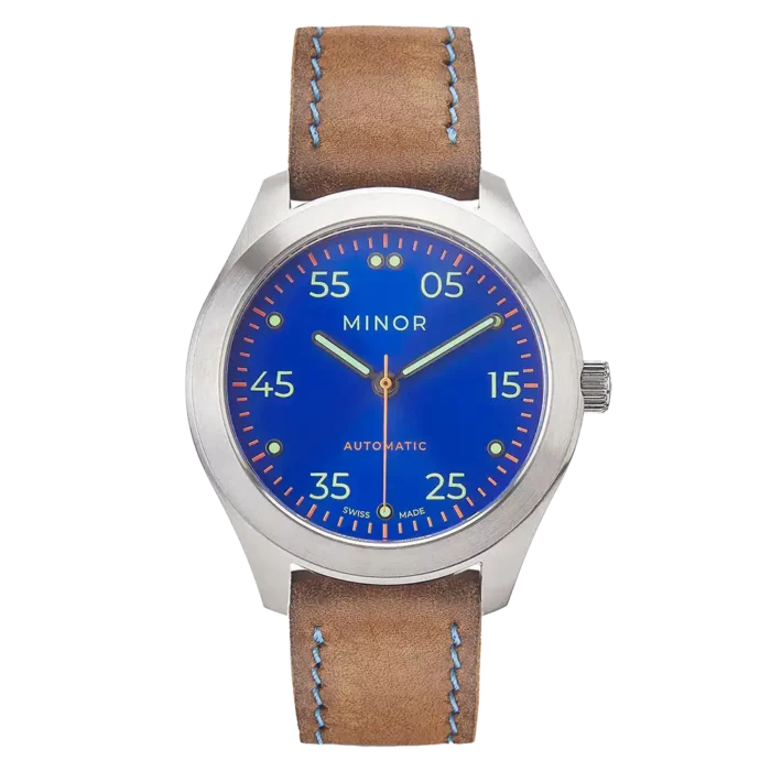 Reloj de pulsera Minor Heritage Electric Blue automático con correa de piel color marrón avellana y pespunte en hilo azul encerado - Parte delantera