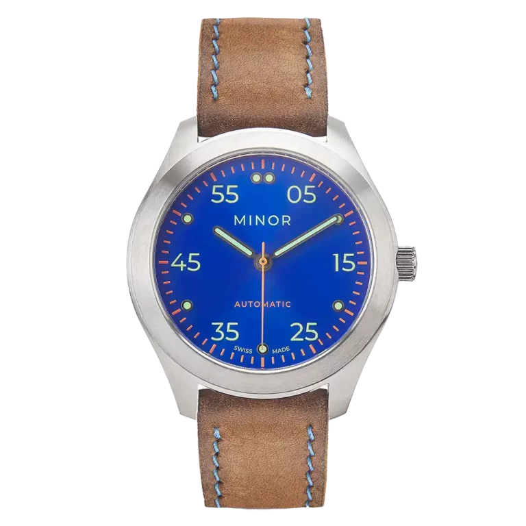 Wristwatch Minor Heritage Electric Blue automatic with hazelnut brown leather strap and waxed blue thread stitching - Front side