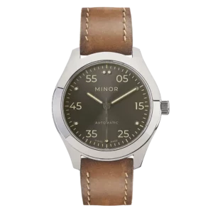 Reloj de pulsera Minor Heritage Elegance Grey automático con correa de piel color marrón avellana y pespunte en hilo beige encerado - Parte delantera