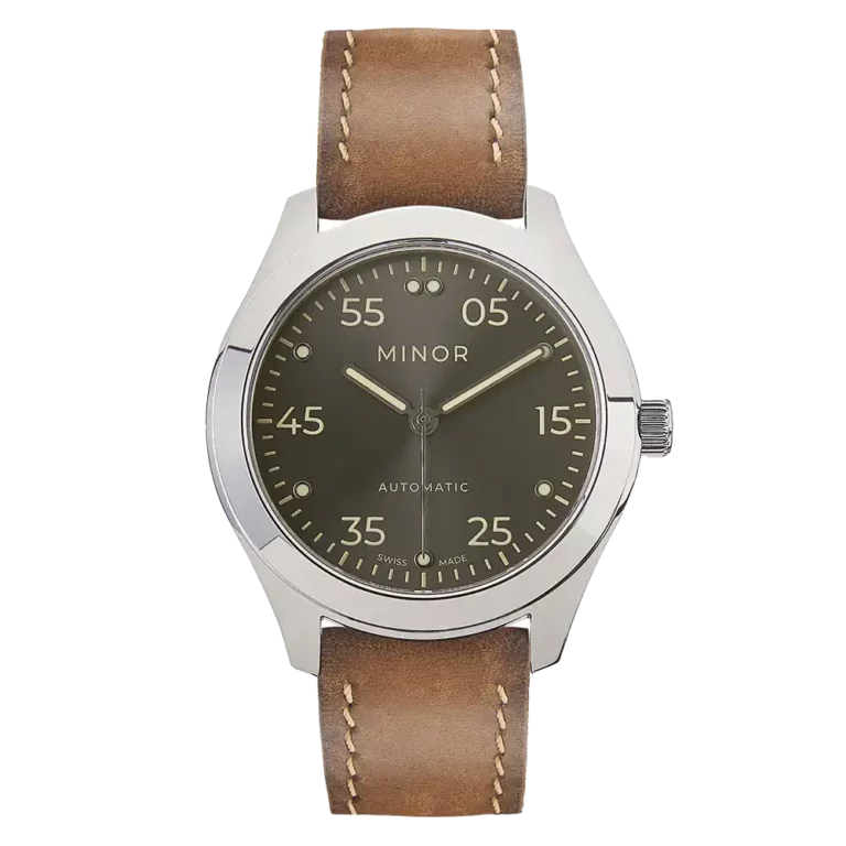Wristwatch Minor Heritage Elegance Grey automatic with hazelnut brown leather strap and waxed beige thread stitching - Front side