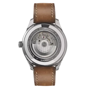 Reloj de pulsera Minor Heritage Elegance Grey automático con correa de piel color marrón avellana y pespunte en hilo beige encerado - Tapa del reloj con cristal de zafiro
