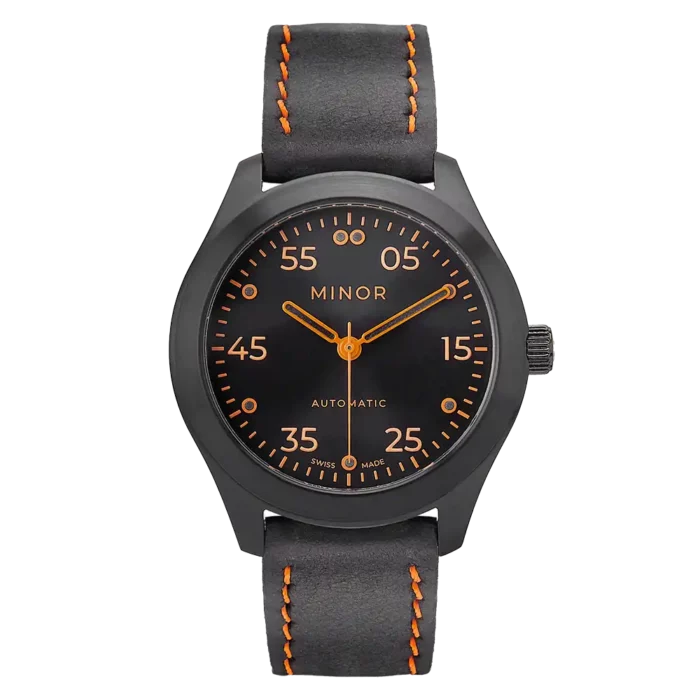 Wristwatch Minor Heritage Black &amp; Orange automatic with black leather strap and waxed orange thread stitching - Front side