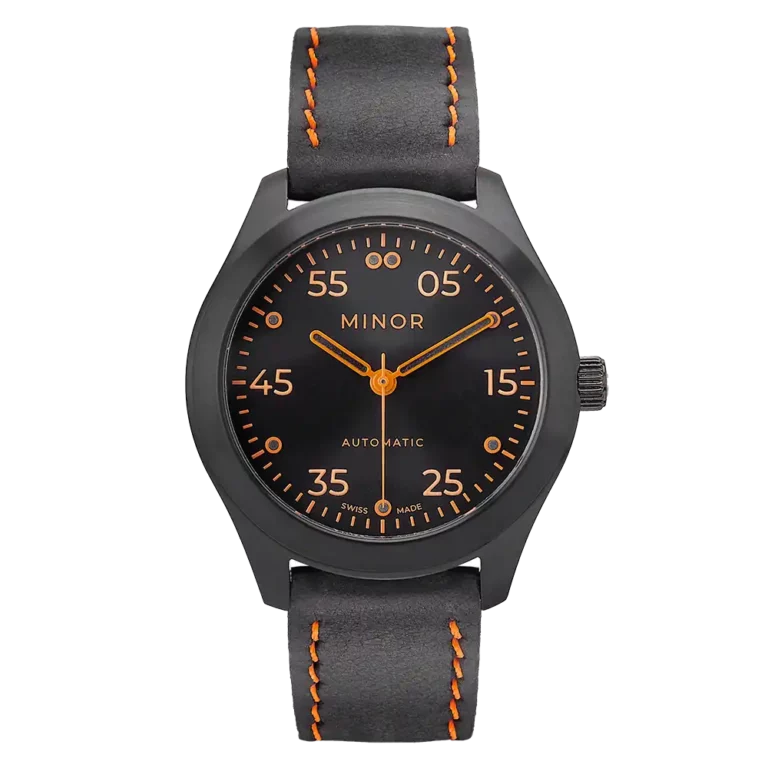 Wristwatch Minor Heritage Black &amp; Orange automatic with black leather strap and waxed orange thread stitching - Front side
