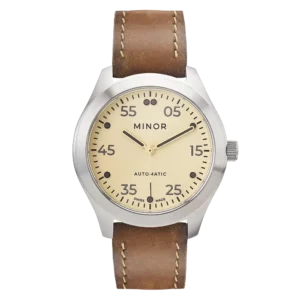 Wristwatch Minor Heritage Classic Beige automatic with hazelnut brown leather strap and waxed beige thread stitching - Front side