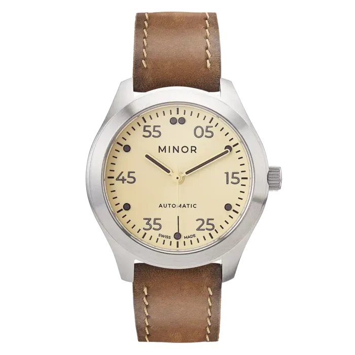Wristwatch Minor Heritage Classic Beige automatic with hazelnut brown leather strap and waxed beige thread stitching - Front side