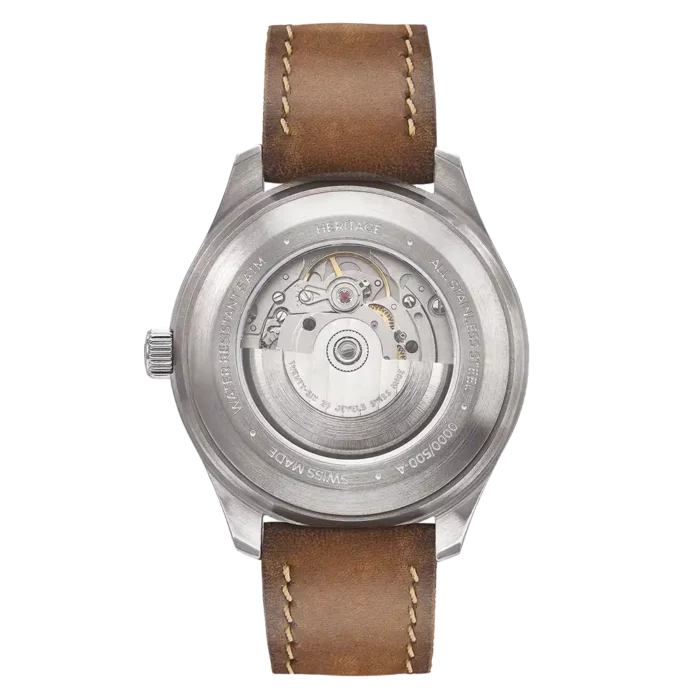 Reloj de pulsera Minor Heritage Classic Beige automático con correa de piel color marrón avellana y pespunte en hilo beige encerado - Tapa del reloj con cristal de zafiro