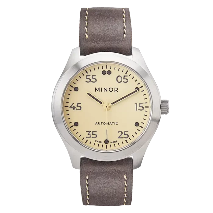 Reloj de pulsera Minor Heritage Classic Beige automático con correa de piel color marrón avellana y pespunte en hilo beige encerado - Parte delantera