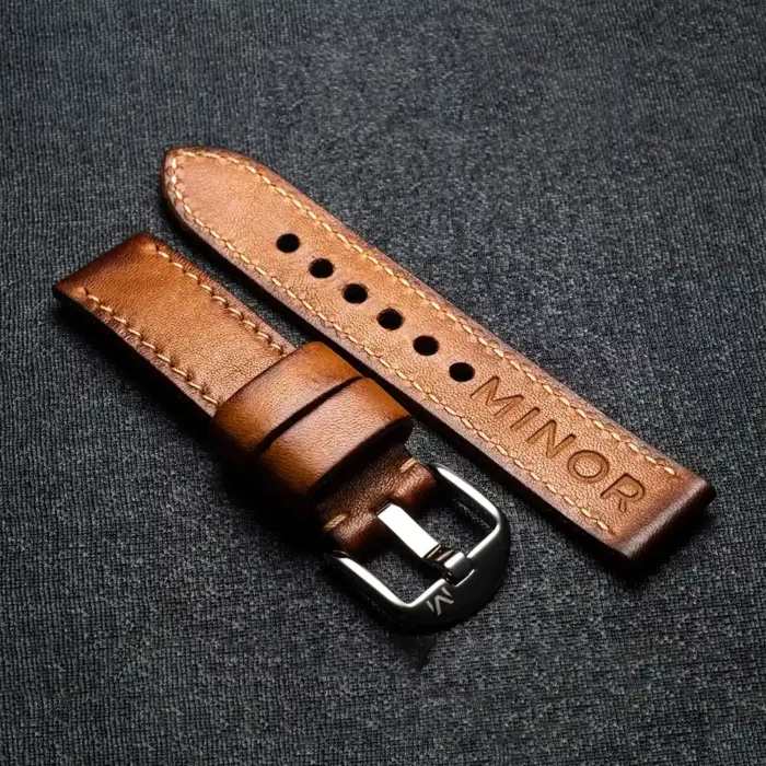 Customizable handcrafted straps - Hazelnut brown leather strap with beige thread - Polished steel buckle