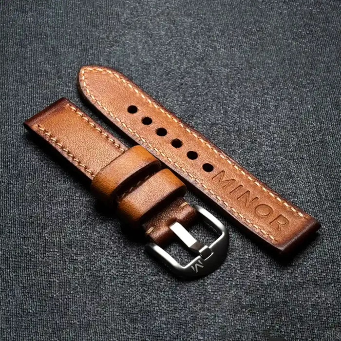 Customizable handcrafted straps - Hazelnut brown leather strap with beige thread - Brushed steel buckle