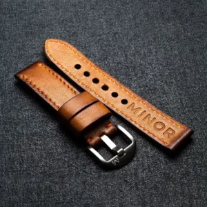Customizable handcrafted straps - Hazelnut brown leather strap with orange thread - Brushed steel buckle