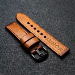 Customizable handcrafted straps - Hazelnut brown leather strap with orange thread - Black PVD buckle