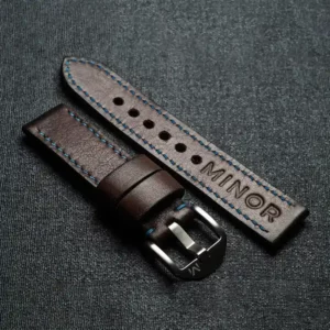 Customizable handcrafted straps - Molasses brown leather strap with blue thread - Brushed steel buckle