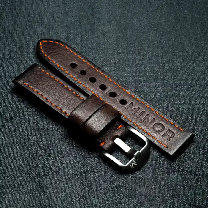 Customizable handcrafted straps - Molasses brown leather strap with orange thread - Brushed steel buckle