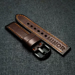 Customizable handcrafted straps - Molasses brown leather strap with orange thread - Black PVD buckle