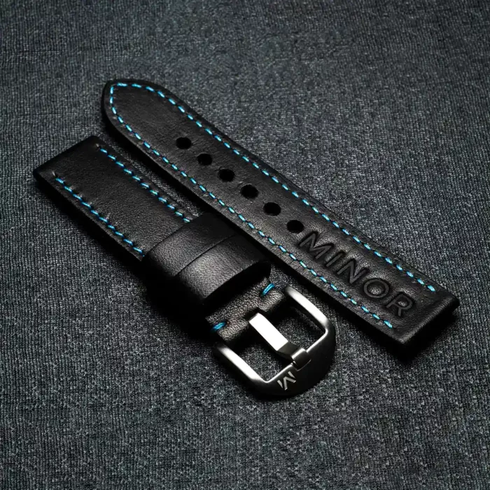 Customizable handcrafted straps - Black leather strap with blue thread - Brushed steel buckle