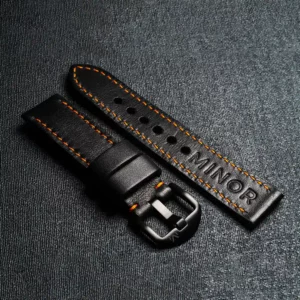 Customizable handcrafted straps - Black leather strap with orange thread - Black PVD buckle
