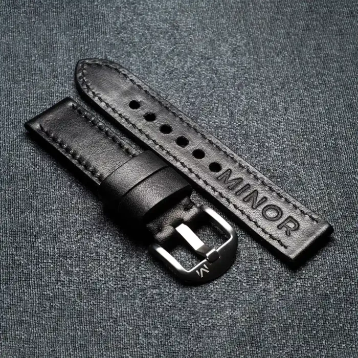Customizable handcrafted straps - Black leather strap with black thread - Brushed steel buckle